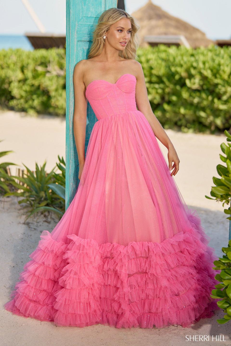 sherri hill Strapless ballgown with corset top and ruffle embellished skirt