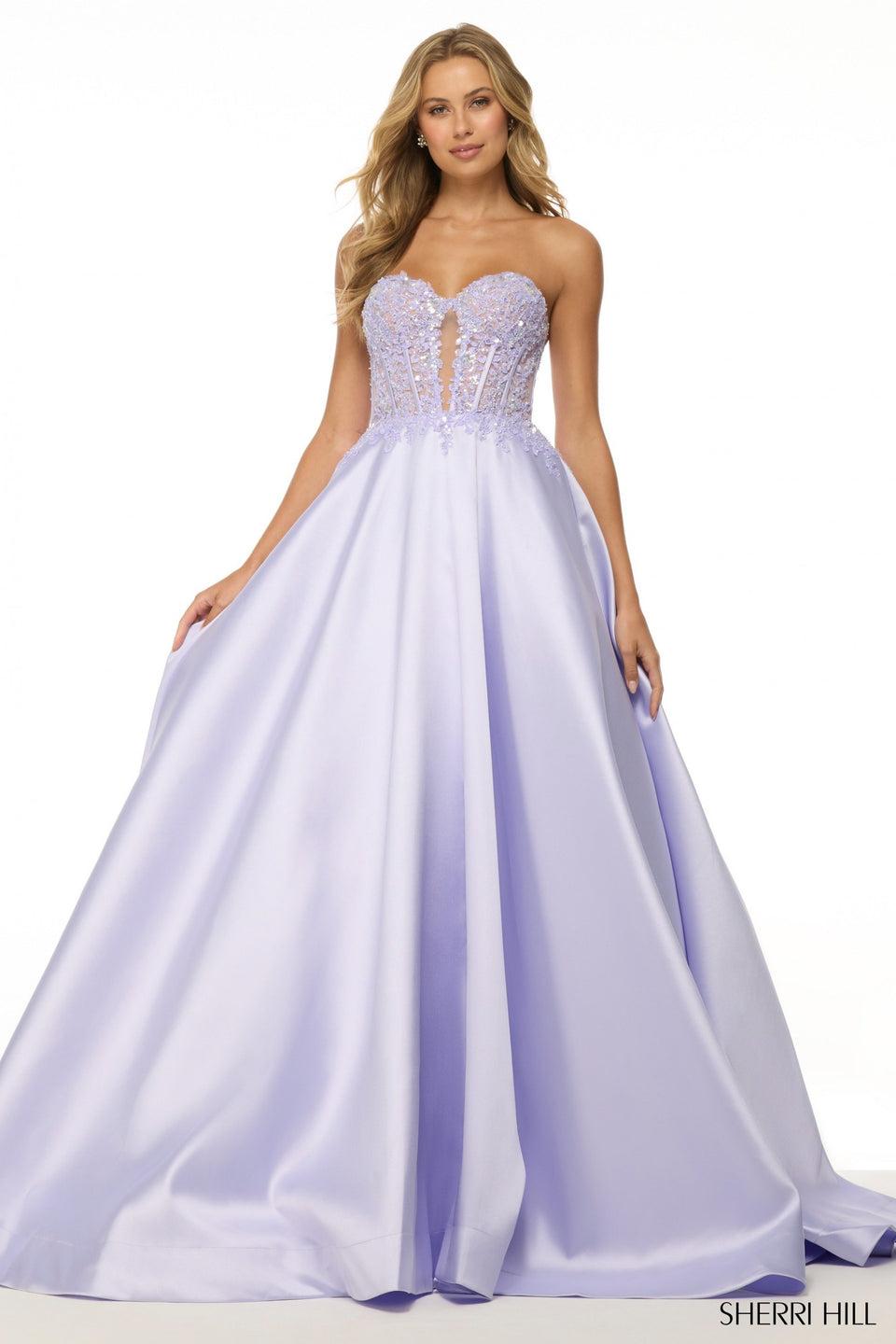 sherri hill Strapless ballgown with lace corset bodice and keyhole