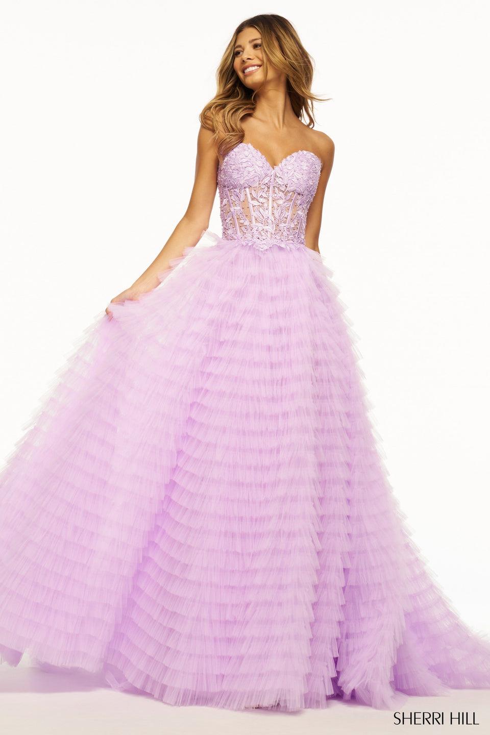 Sherri Hill Strapless Ballgown With Leaf Lace Corset Bodice And Ruffle Skirt With Slit