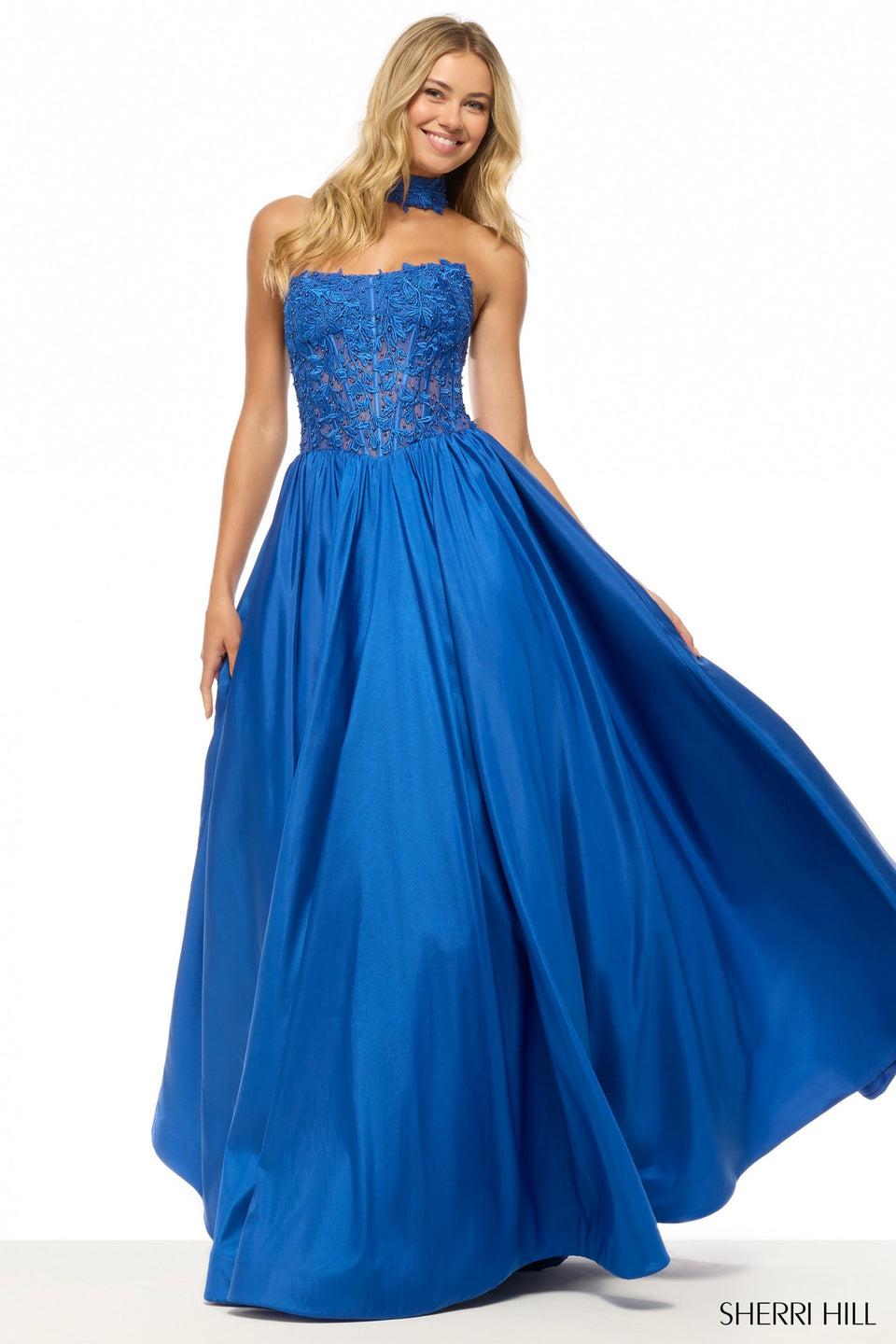 Sherri Hill Strapless Ballgown With Leaf Lace Corset Top Taffeta Skirt And A Choker