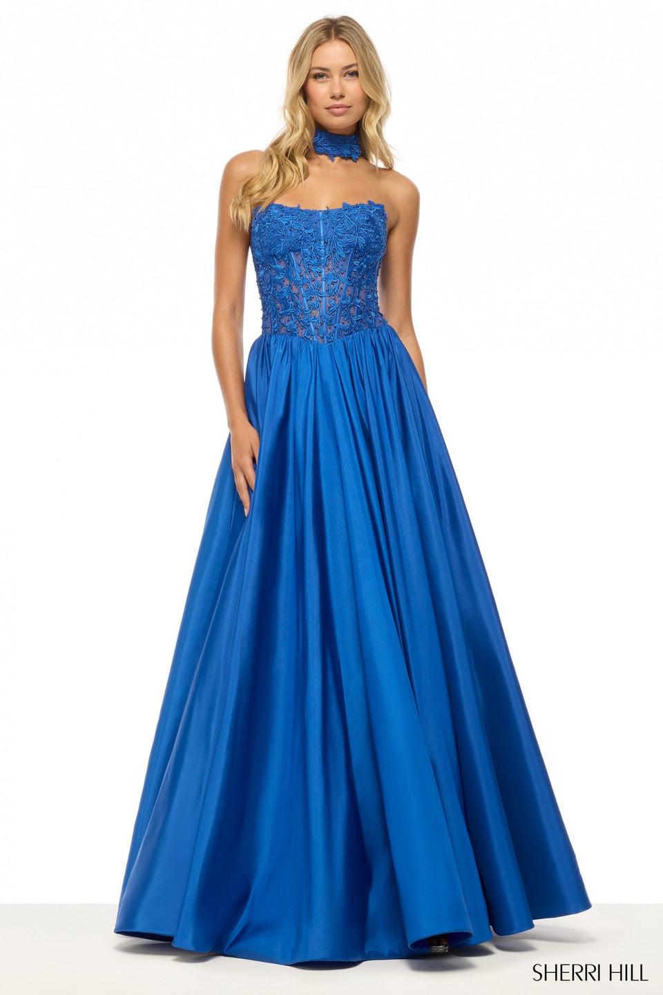 sherri hill Strapless ballgown with leaf lace corset top taffeta skirt and a choker