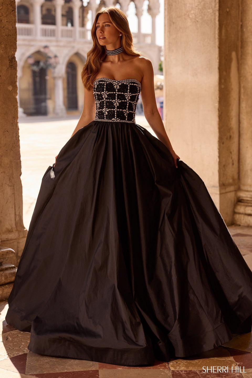Sherri Hill Strapless Ballgown With Pearl Embellished Bodice And A Choker