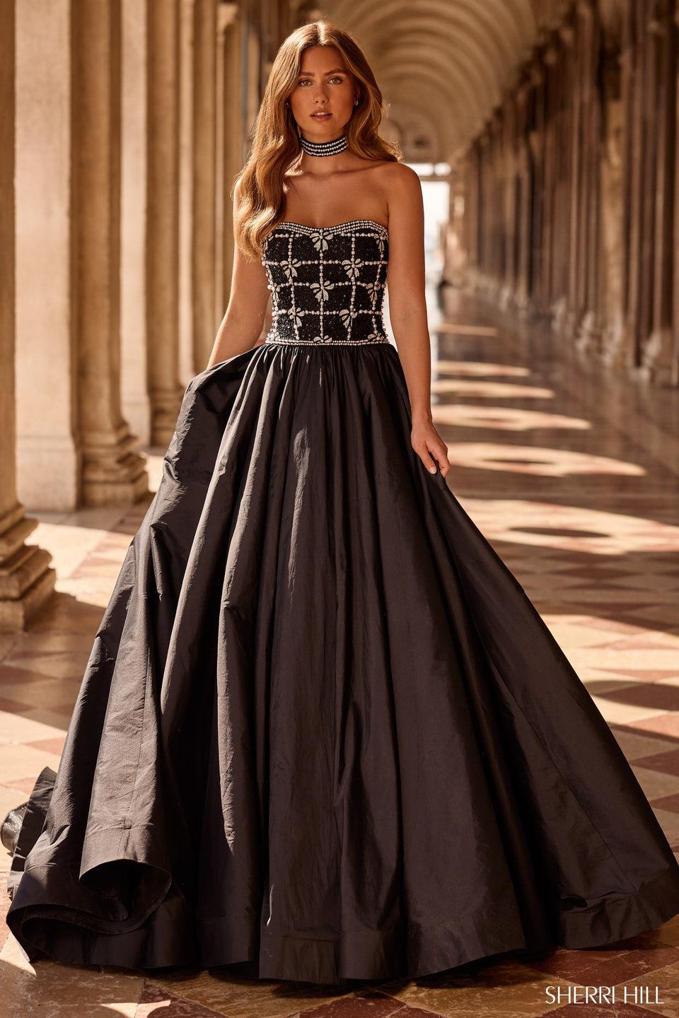 sherri hill Strapless ballgown with pearl embellished bodice and a choker