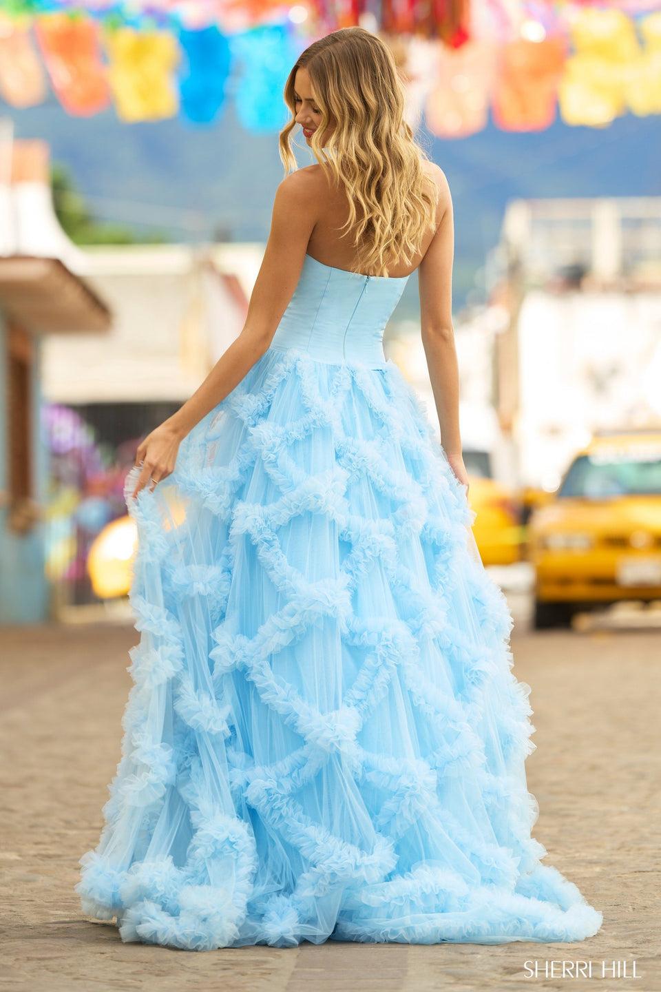 Sherri Hill Strapless Ballgown With Ruffle Embellishments On The Skirt