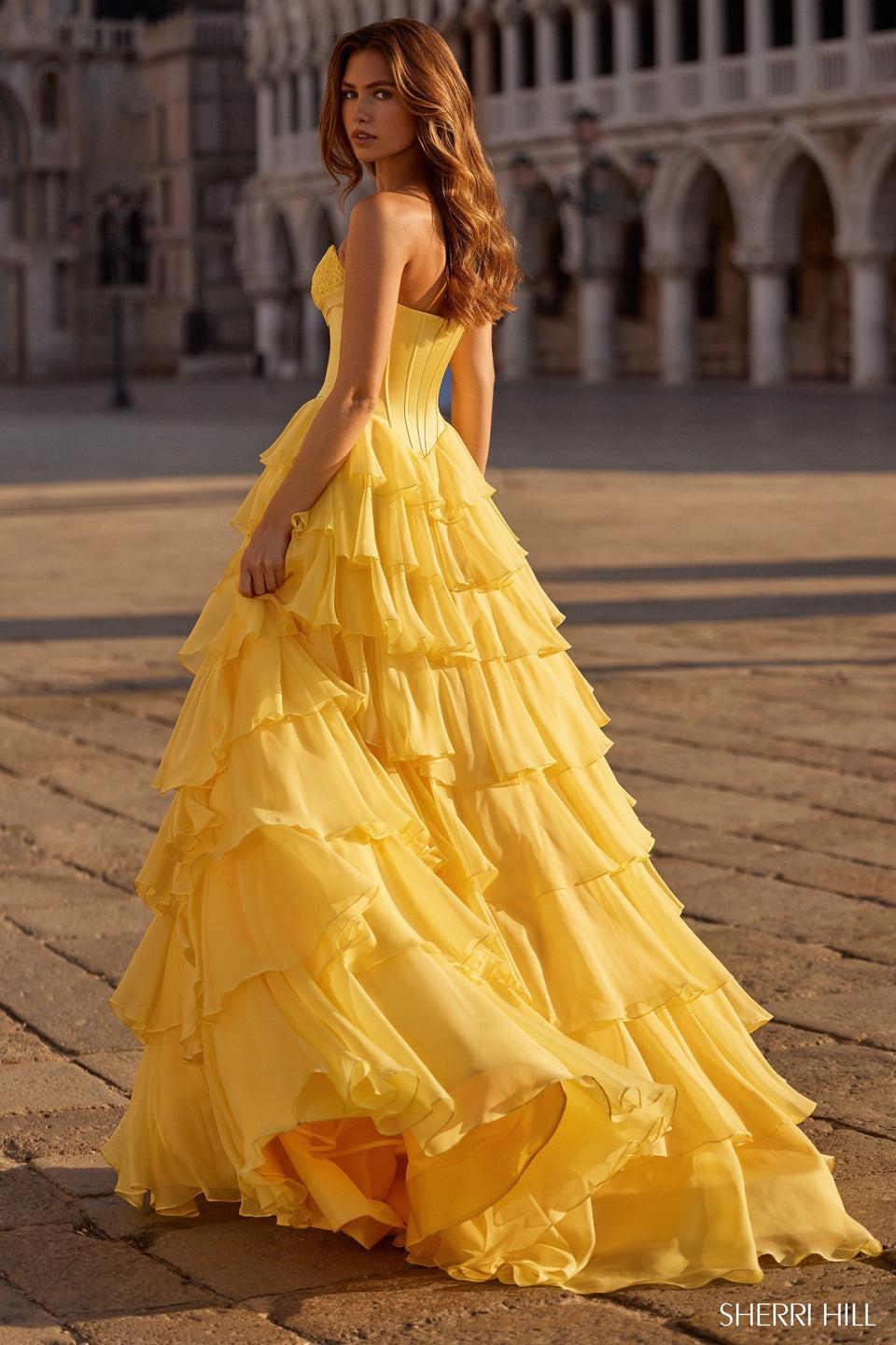 Sherri Hill Strapless Ballgown With Silk Corset Bodice Chiffon Ruffle Skirt Bow And Skirt Slit
