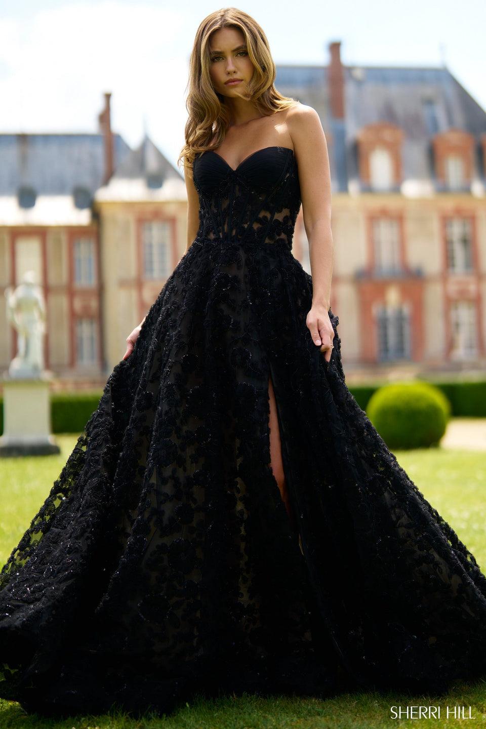 sherri hill Strapless ballgown with sweetheart neckline and skirt slit