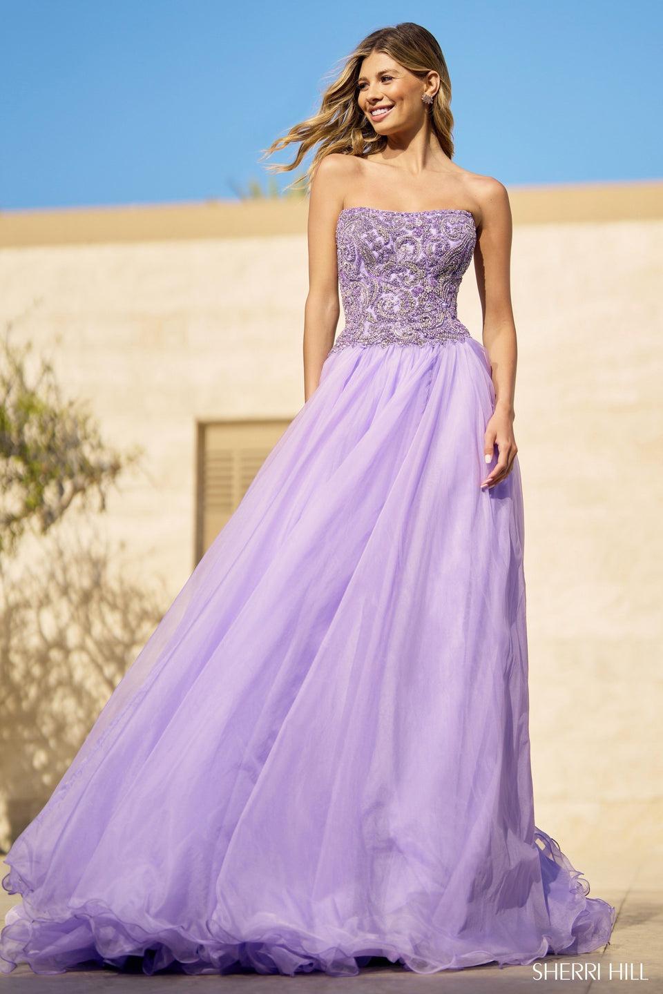 Sherri Hill Strapless Beaded Bodice Ball Gown With Organza Skirt