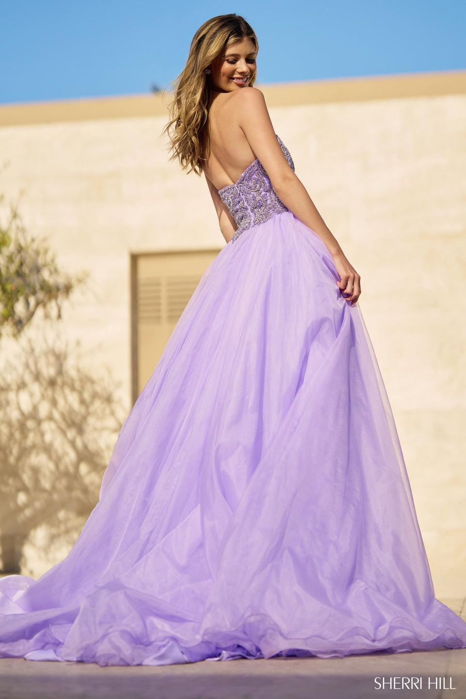 sherri hill Strapless beaded bodice ball gown with organza skirt