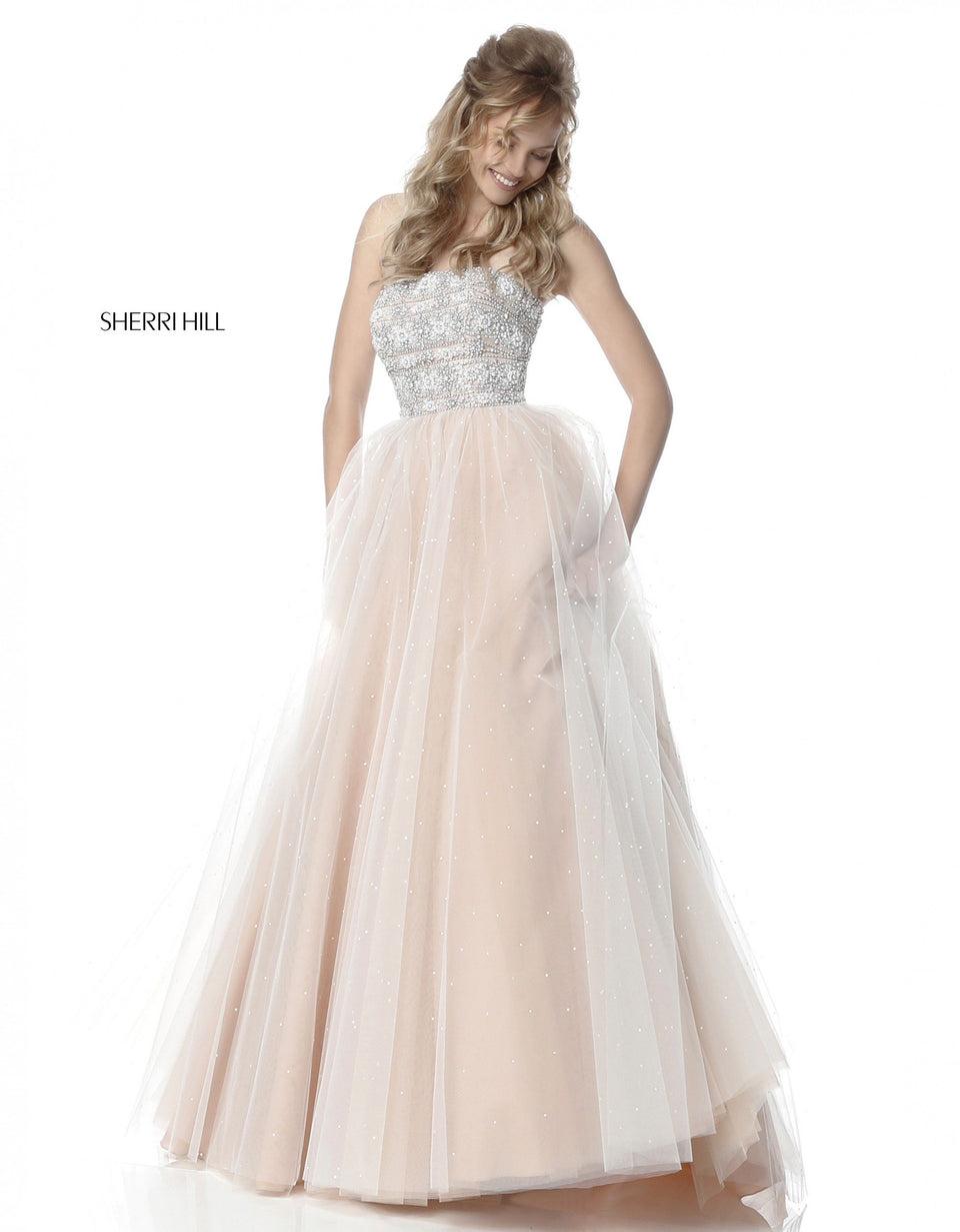 sherri hill Strapless beaded bodice with tulle ball gown skirt