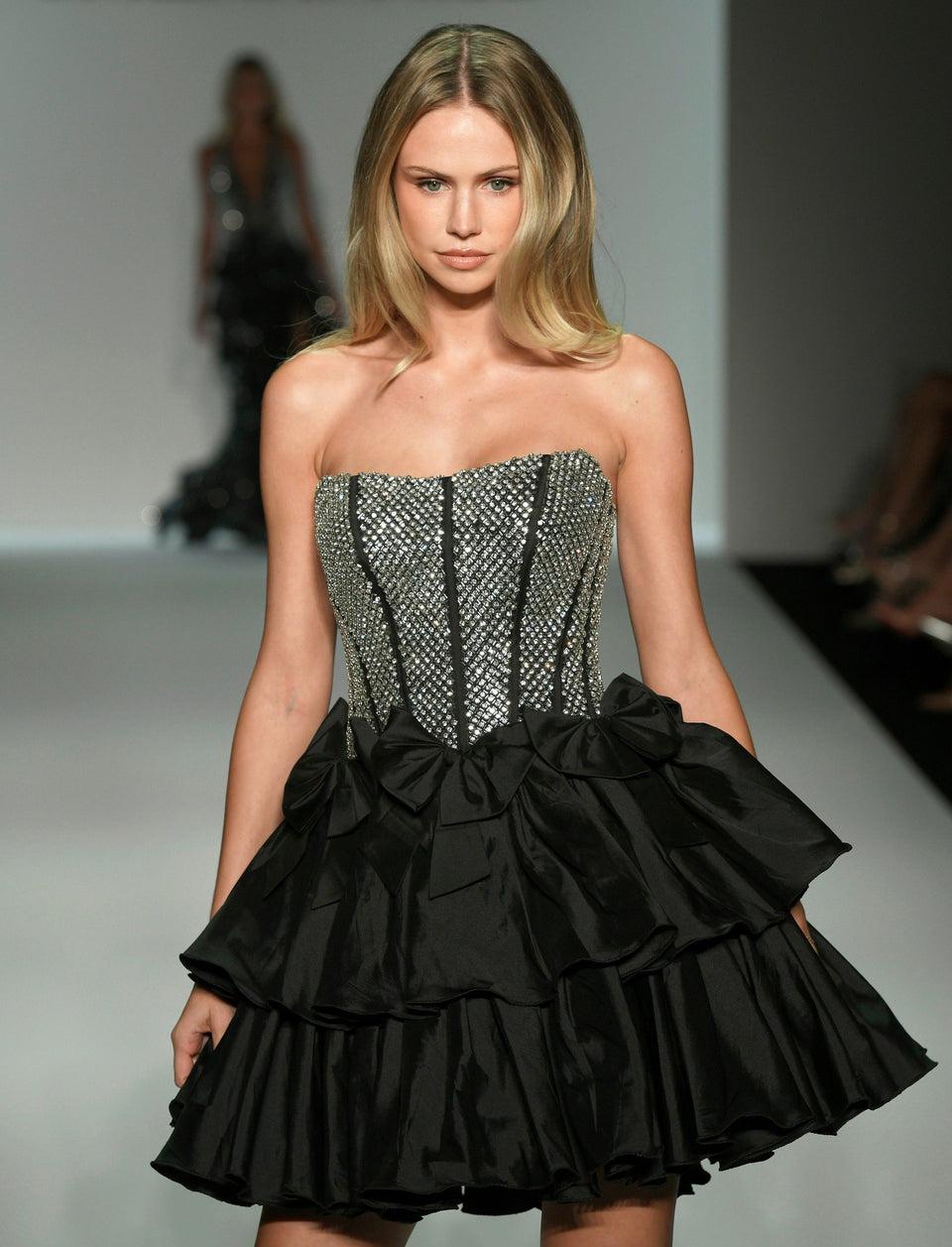 sherri hill Strapless beaded corset cocktail gown with ruffle taffeta skirt