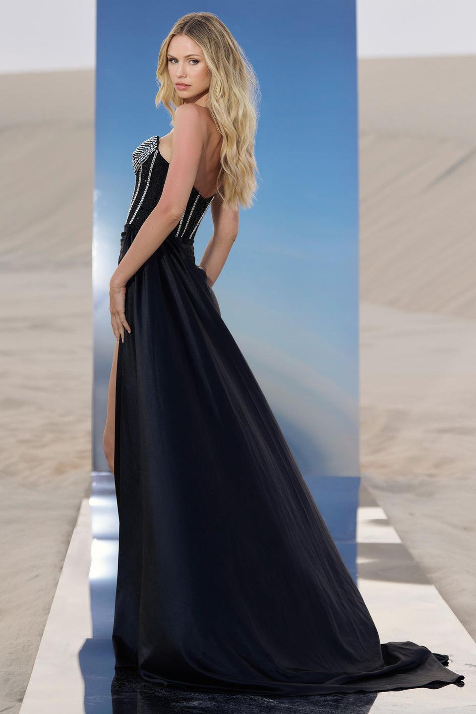 Sherri Hill Strapless Beaded Corset Gown With Side Over Skirt And Slit