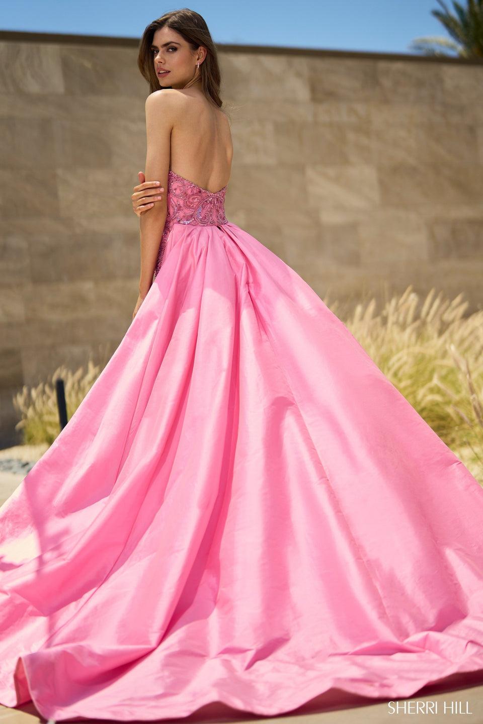 Sherri Hill Strapless Beaded Gown With Deep V-neckline High Skirt Slit And Taffeta Overskirt