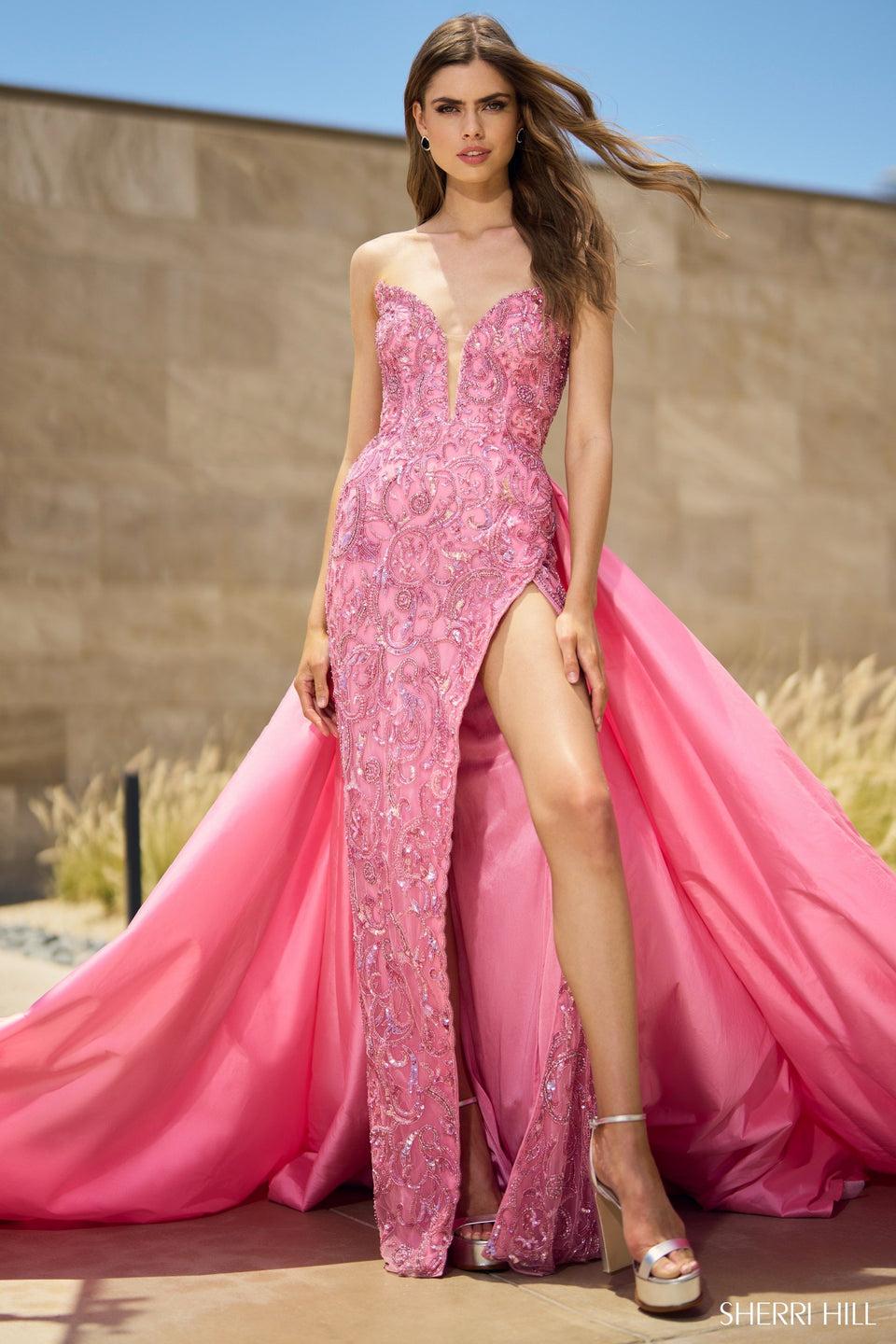 Sherri Hill Strapless Beaded Gown With Deep V-neckline High Skirt Slit And Taffeta Overskirt