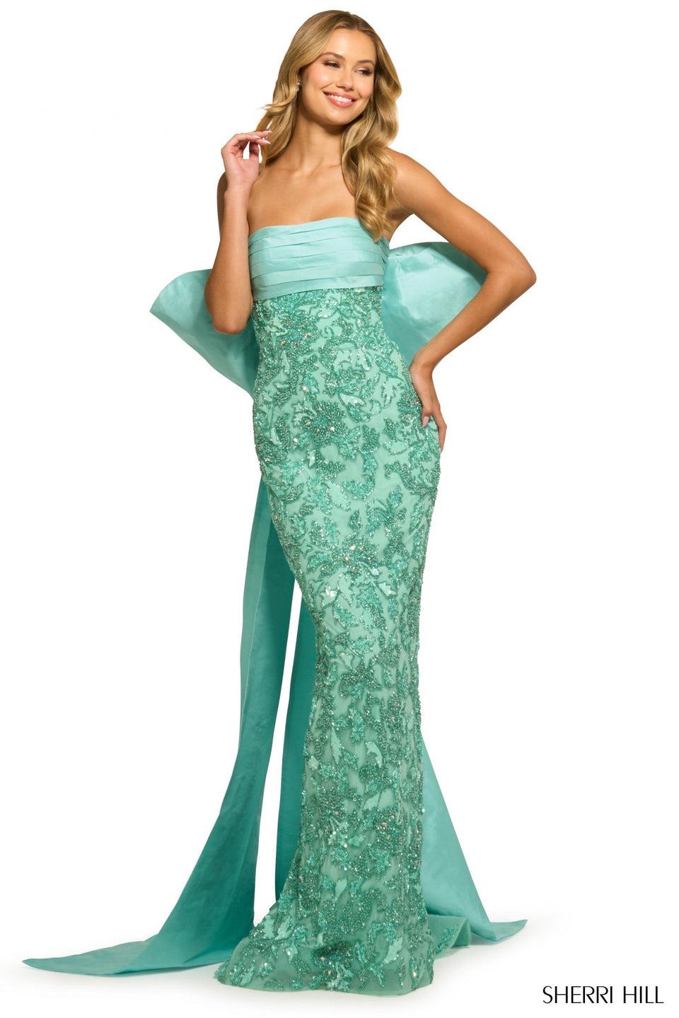 Sherri Hill Strapless Beaded Gown With Taffeta Top And Detachable Bow In The Back