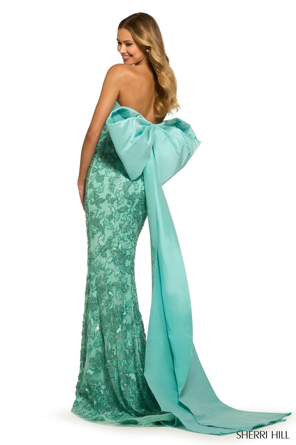 Sherri Hill Strapless Beaded Gown With Taffeta Top And Detachable Bow In The Back