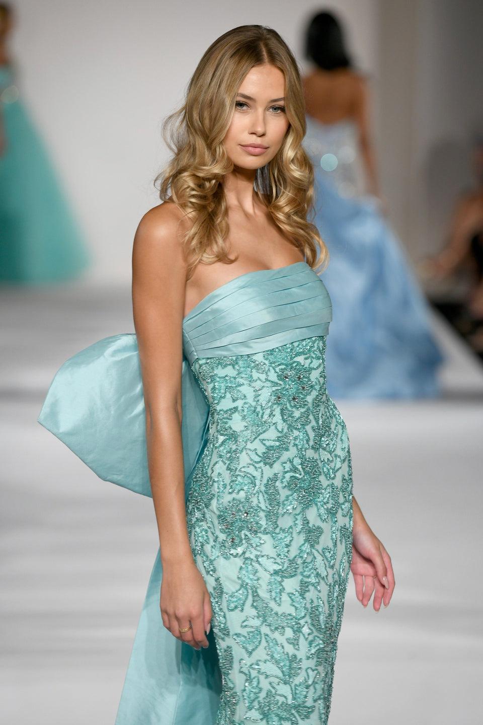 sherri hill Strapless beaded gown with taffeta top and detachable bow in the back