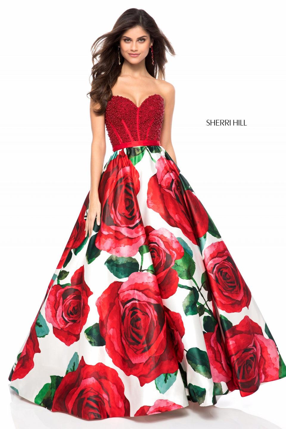 sherri hill Strapless beaded sweetheart bodice with floral ball gown skirt