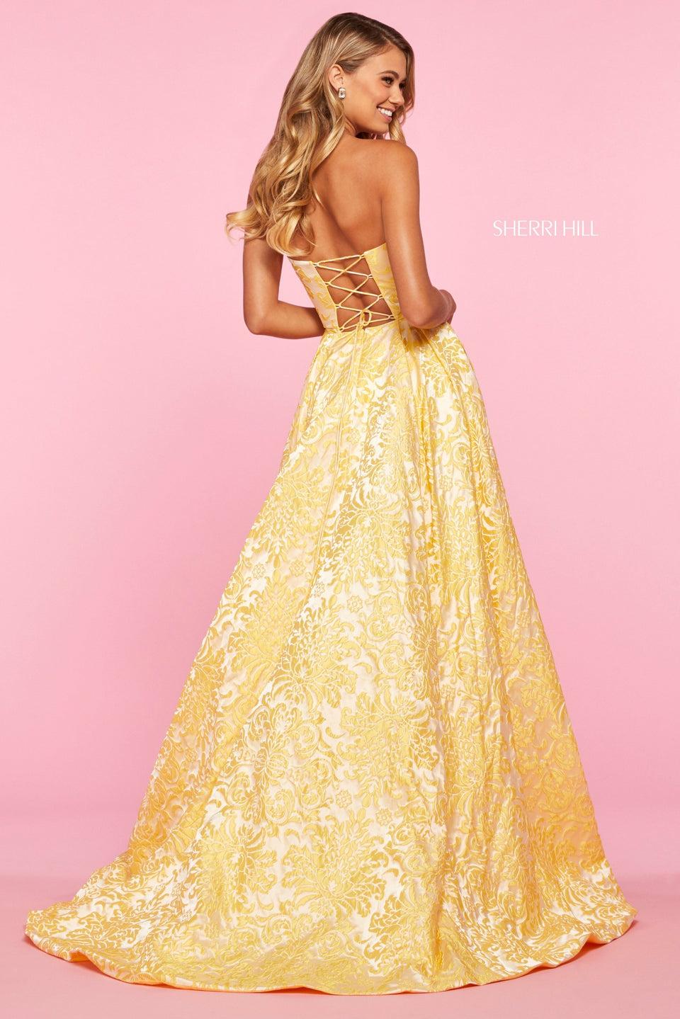 Sherri Hill Strapless Brocade A-line Dress With High Slit And Lace Up Back