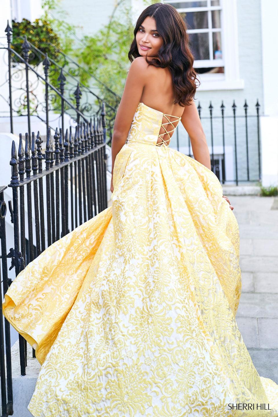 sherri hill Strapless brocade A-line dress with high slit and lace up back