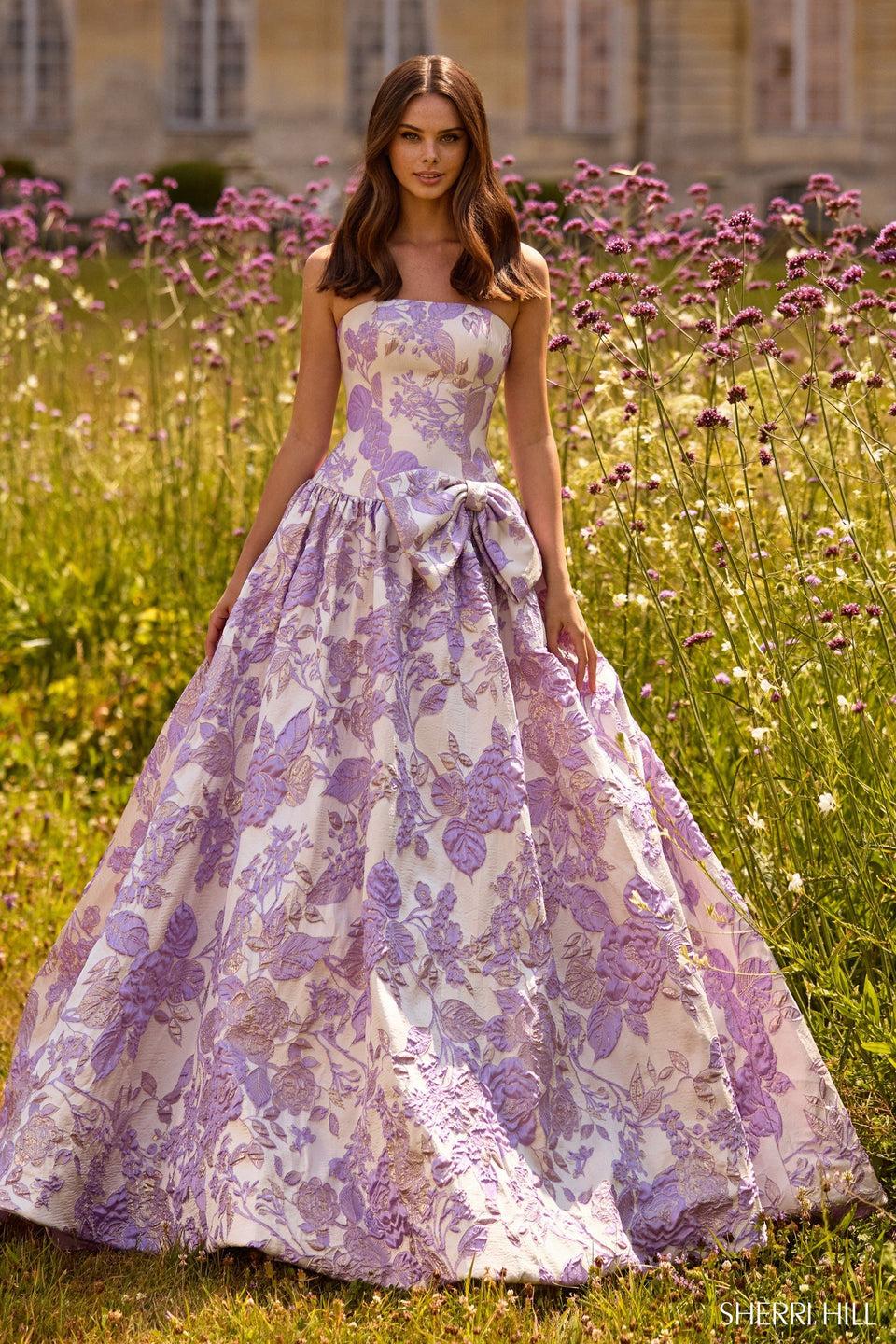 Sherri Hill Strapless Brocade Ballgown With Bow On Waist