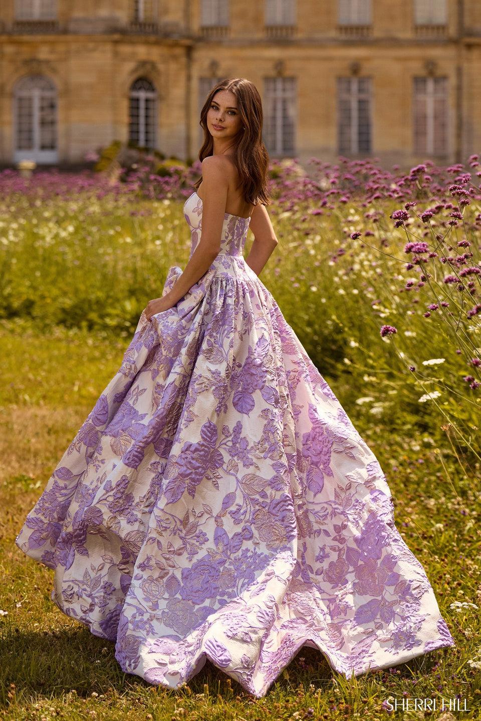 Sherri Hill Strapless Brocade Ballgown With Bow On Waist