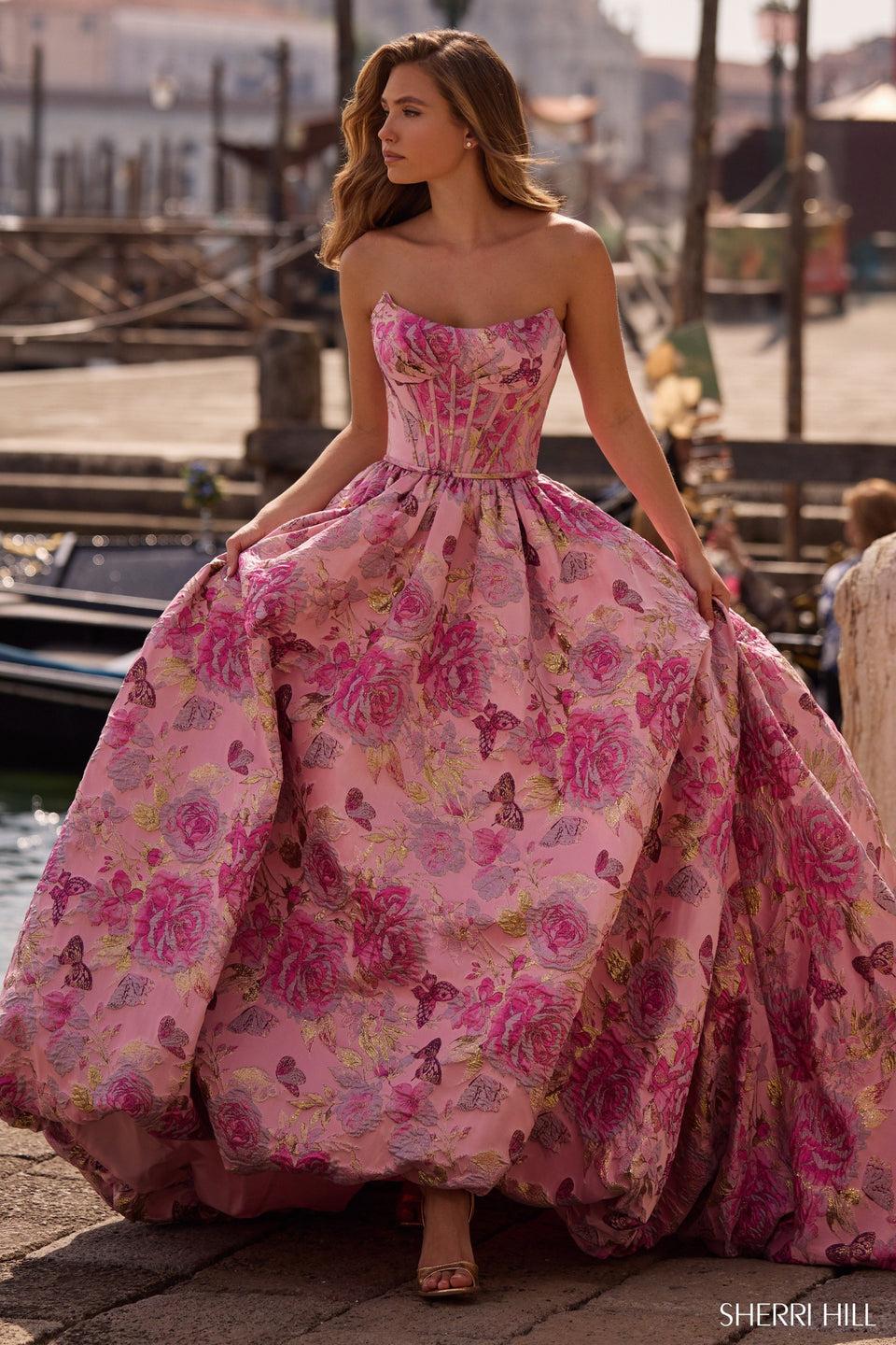 Sherri Hill Strapless Brocade Ballgown With Corset Bodice And Lace Up Back