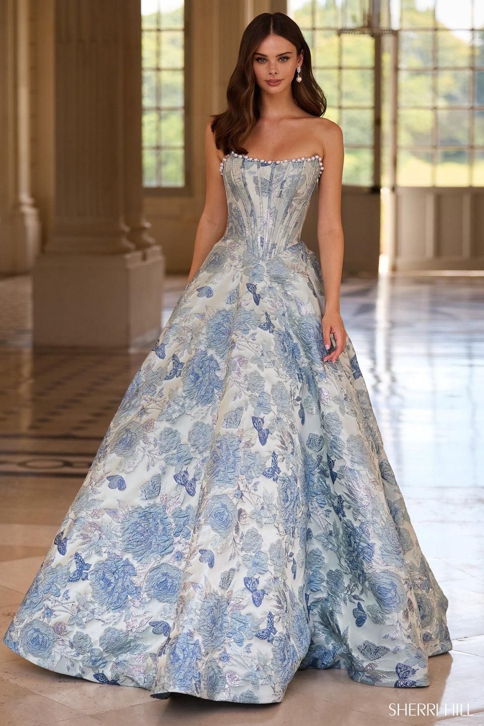 Sherri Hill Strapless Brocade Ballgown With Pearl Embellishments