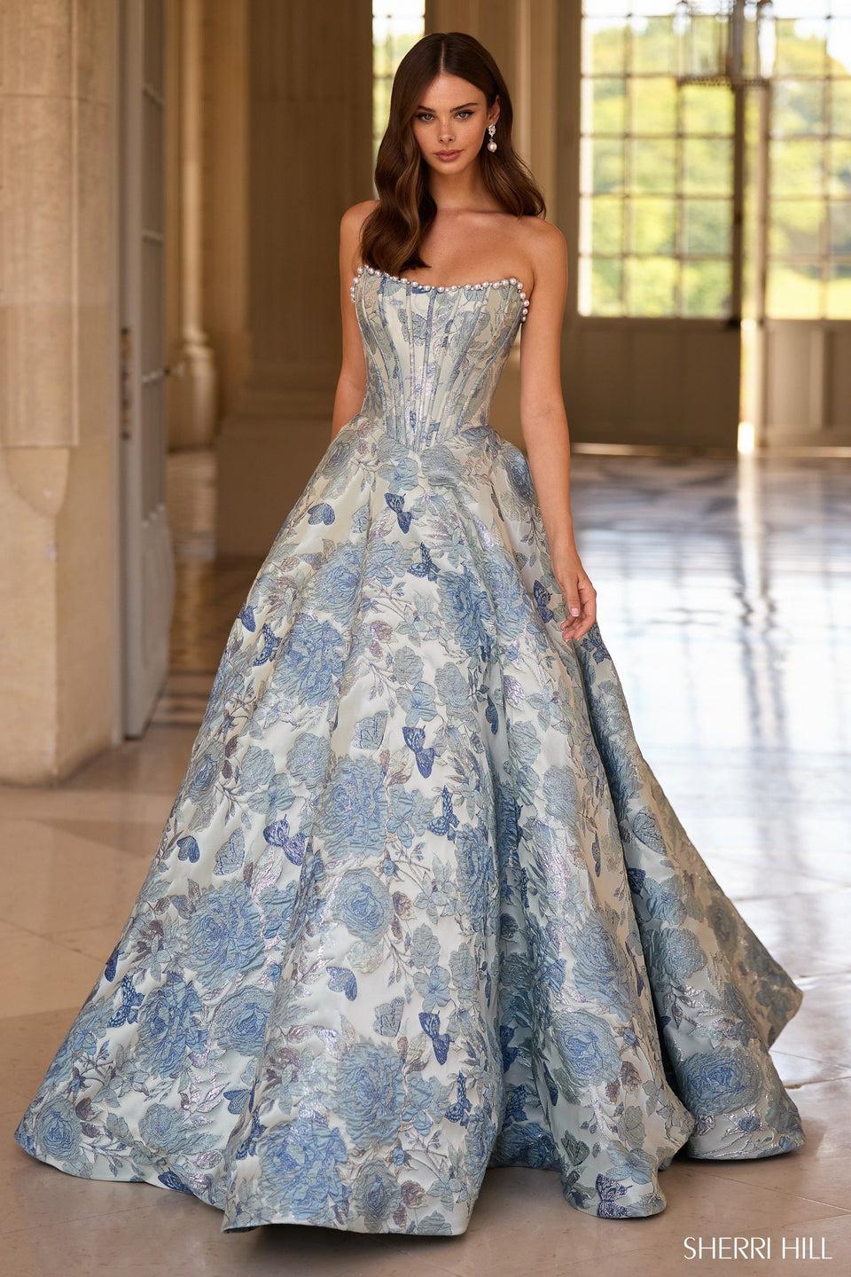 sherri hill Strapless brocade ballgown with pearl embellishments