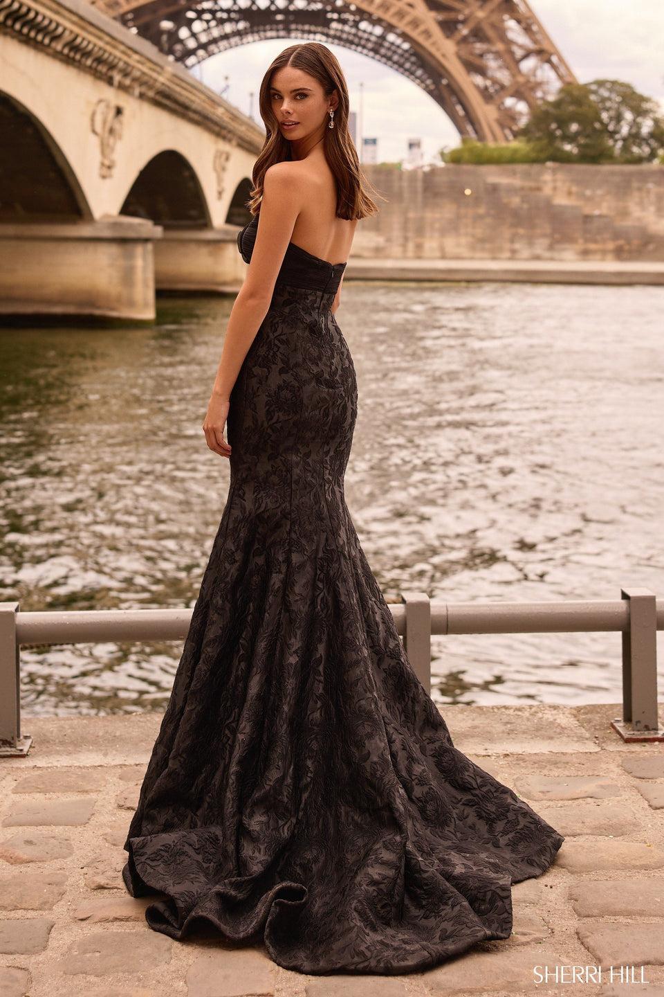 Sherri Hill Strapless Brocade Dress With Keyhole And Rose Embellishment