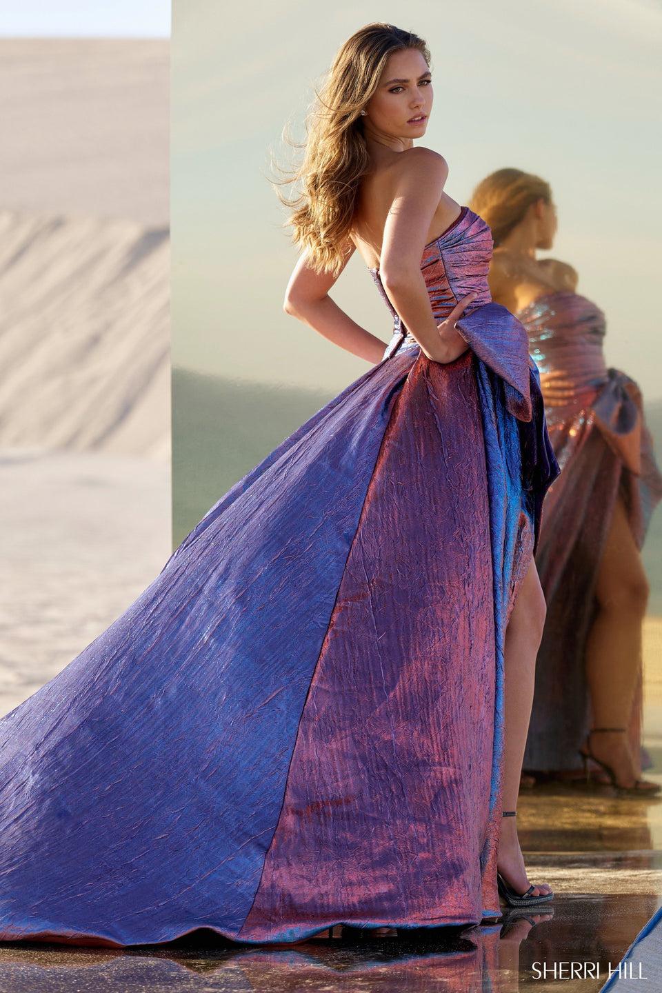 Sherri Hill Strapless Brocade Gown With Bow On Waistline And Skirt Slit