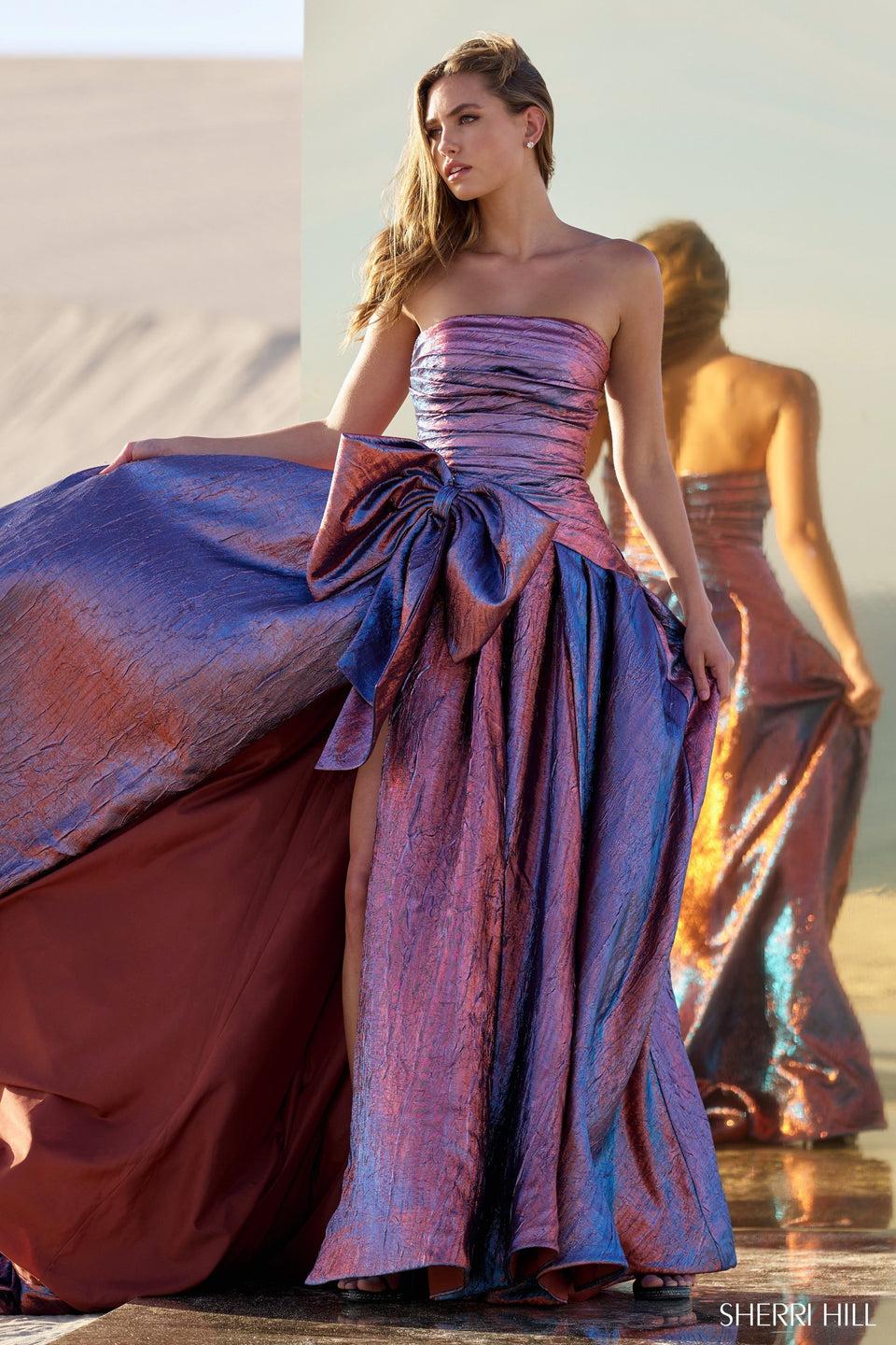 Sherri Hill Strapless Brocade Gown With Bow On Waistline And Skirt Slit