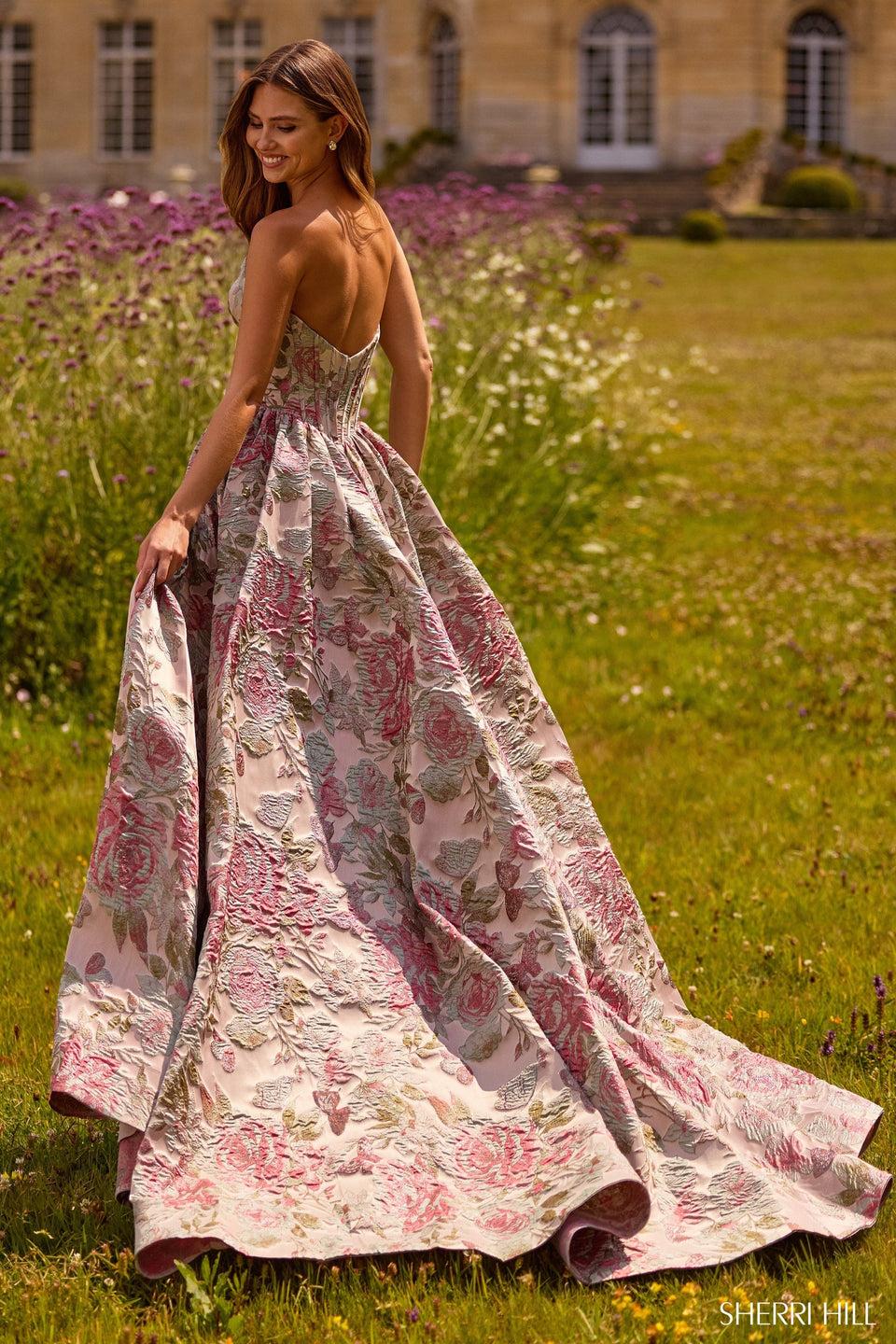 Sherri Hill Strapless Brocade Gown With Corset Bodice And A Skirt Slit