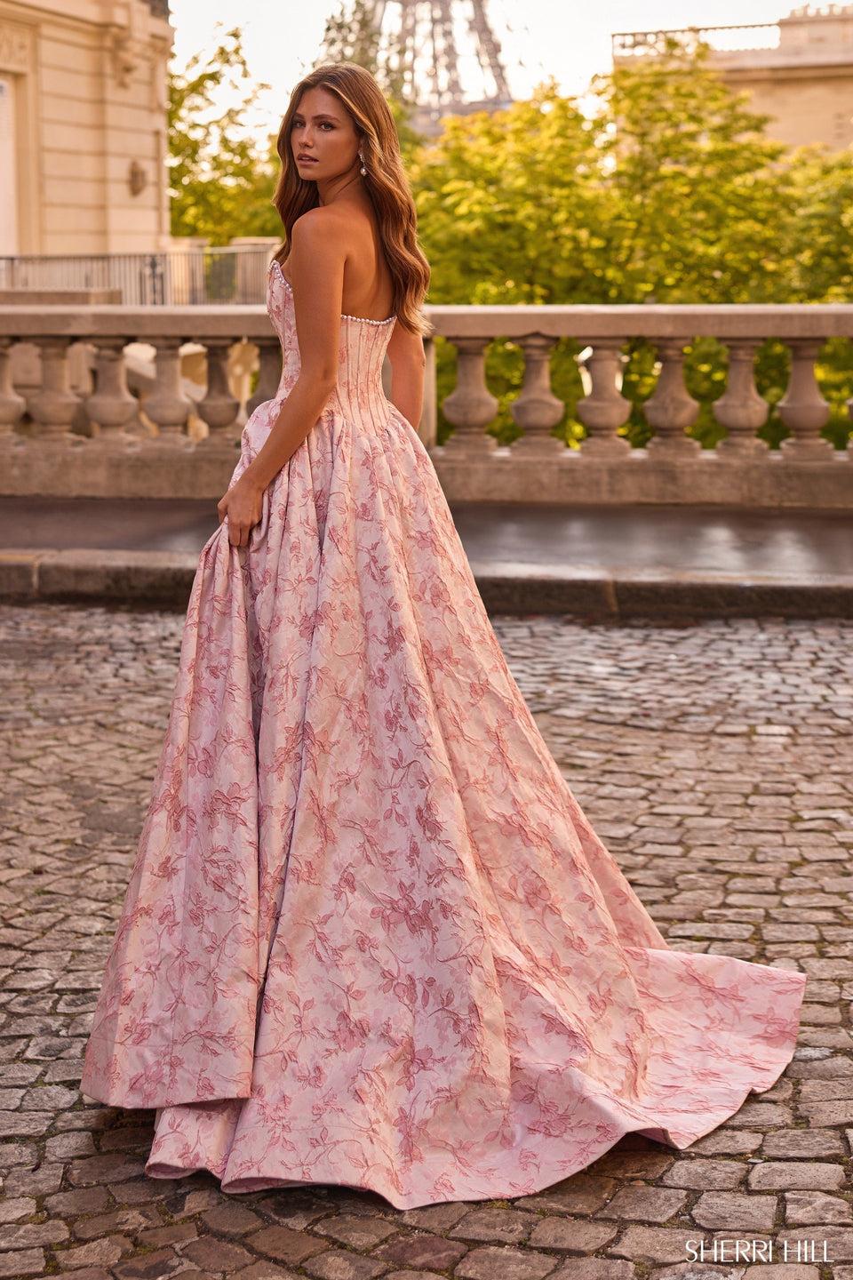 Sherri Hill Strapless Brocade Gown With Corset Bodice And Skirt Slit