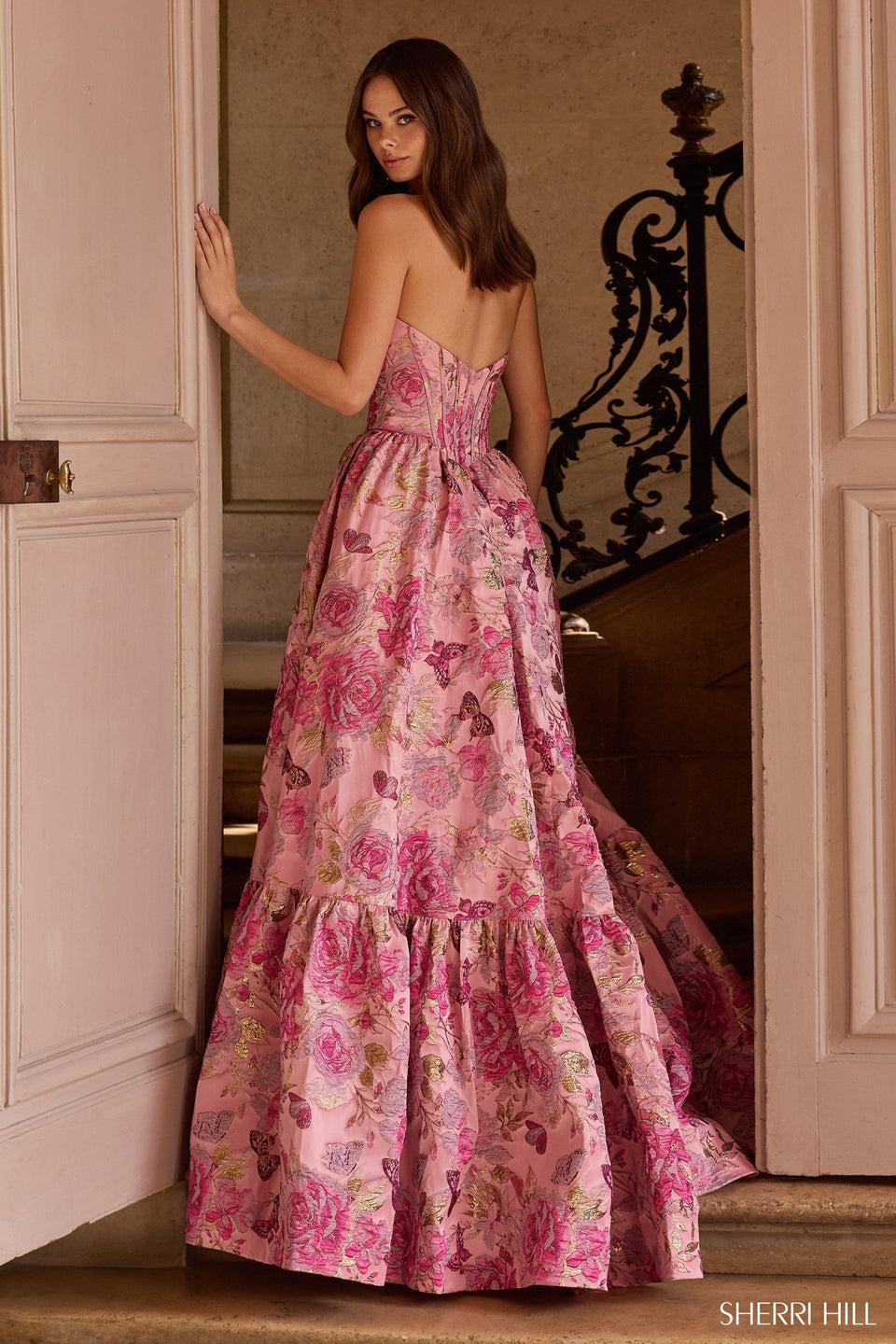 Sherri Hill Strapless Brocade Gown With Corset Bodice