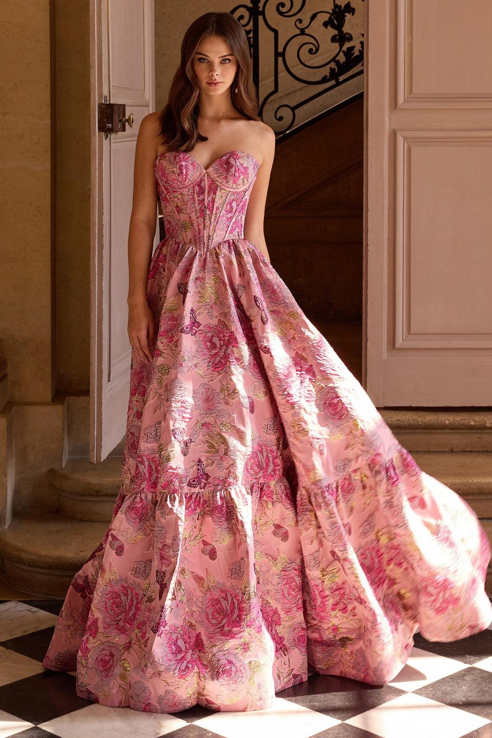 sherri hill Strapless brocade gown with corset bodice