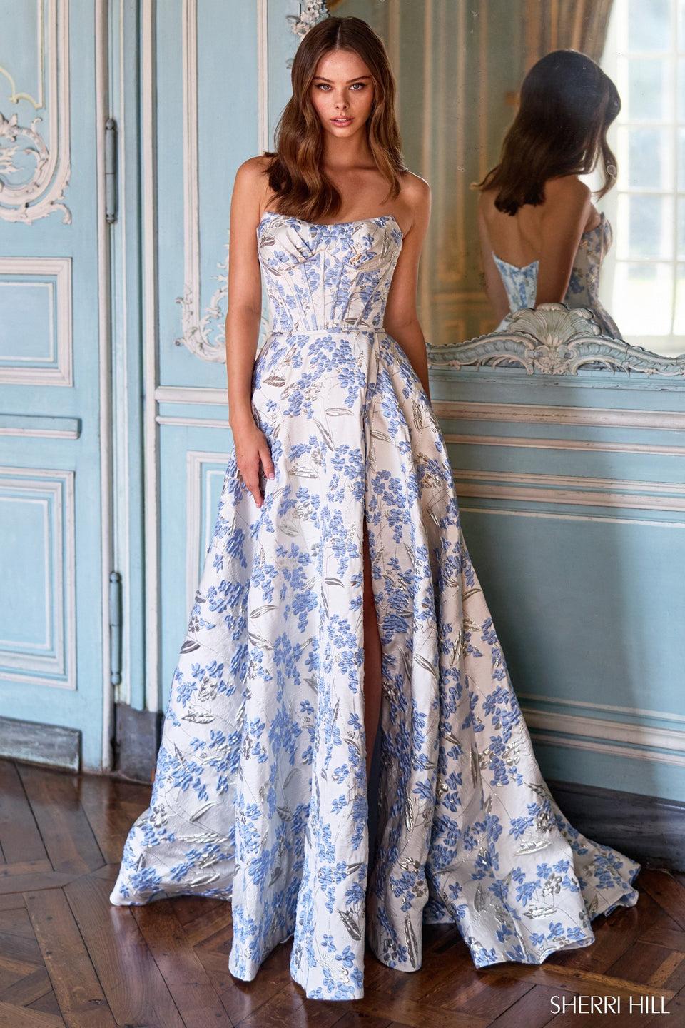 sherri hill Strapless brocade gown with corset bodice