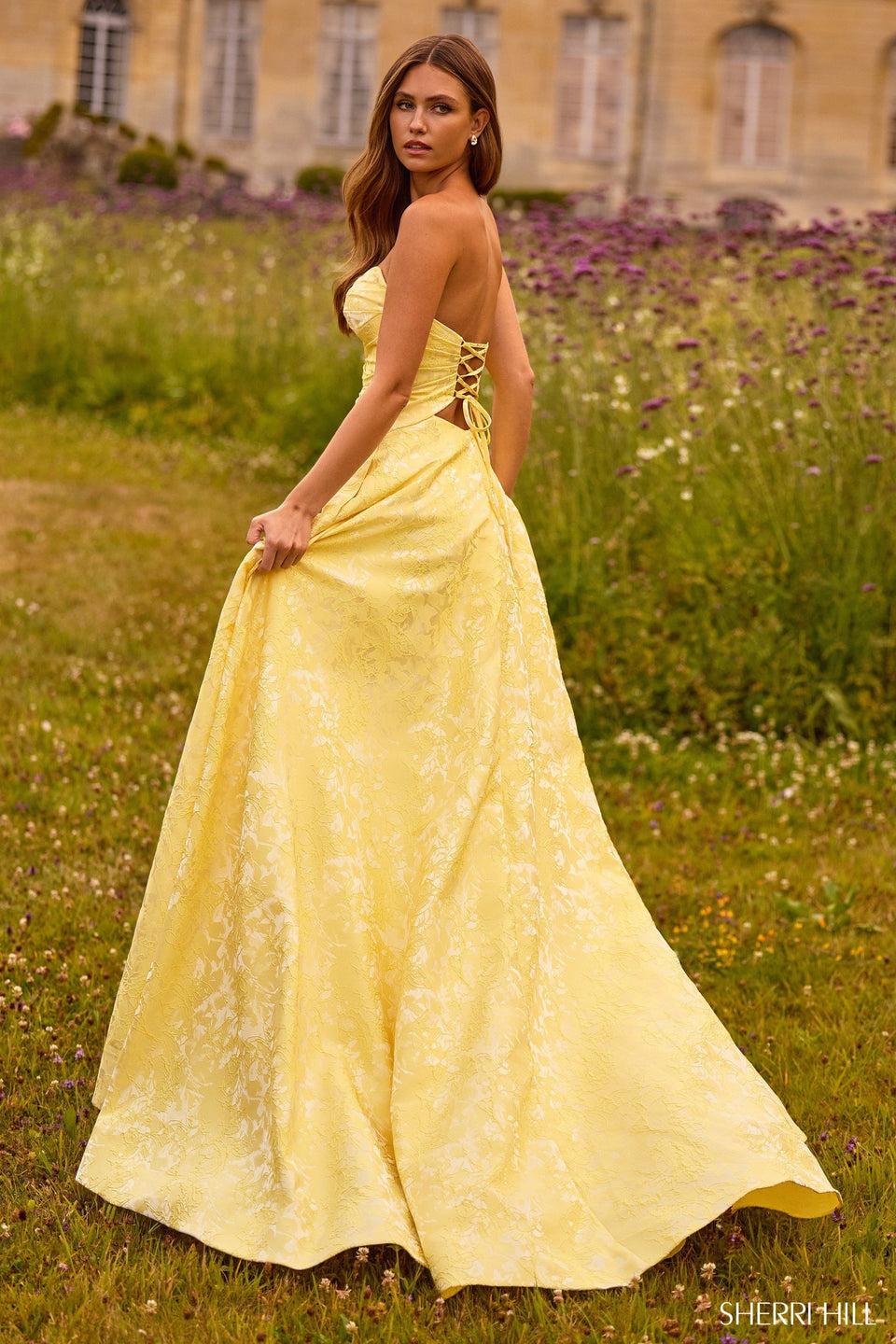 Sherri Hill Strapless Brocade Gown With Keyholes And A Skirt Slit