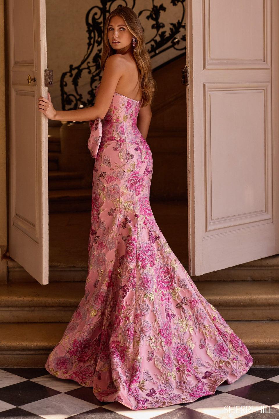 Sherri Hill Strapless Brocade Gown With Skirt And Bow On Hip