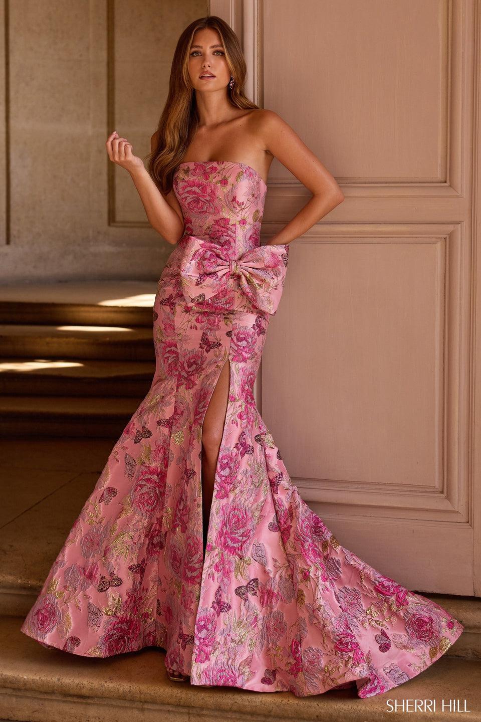 sherri hill Strapless brocade gown with skirt and bow on hip
