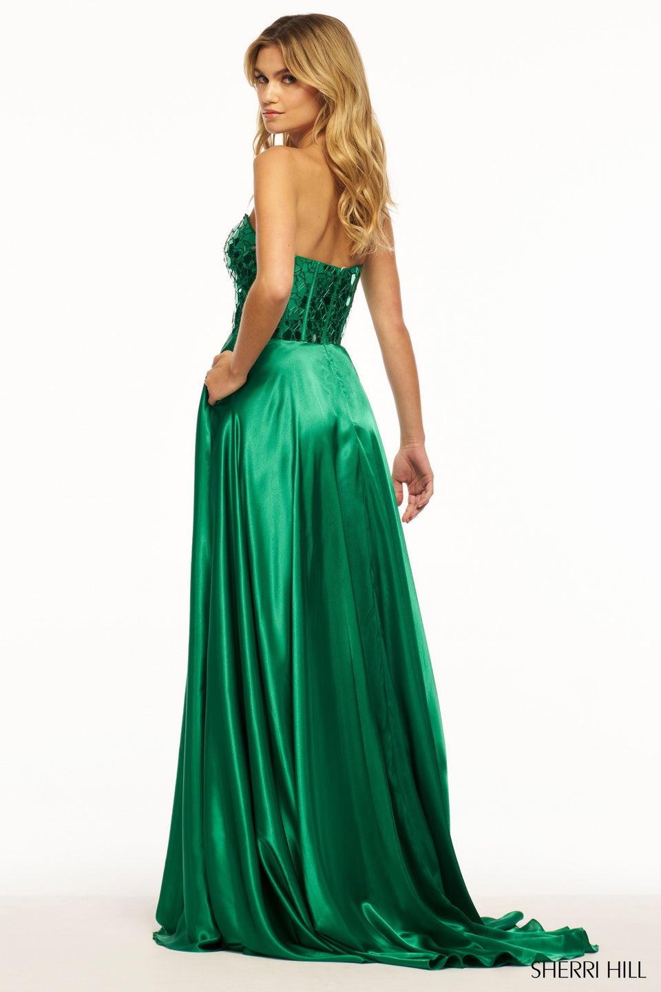 Sherri Hill Strapless Charmeuse Gown With Cut Glass Corset Bodice And Skirt Slit