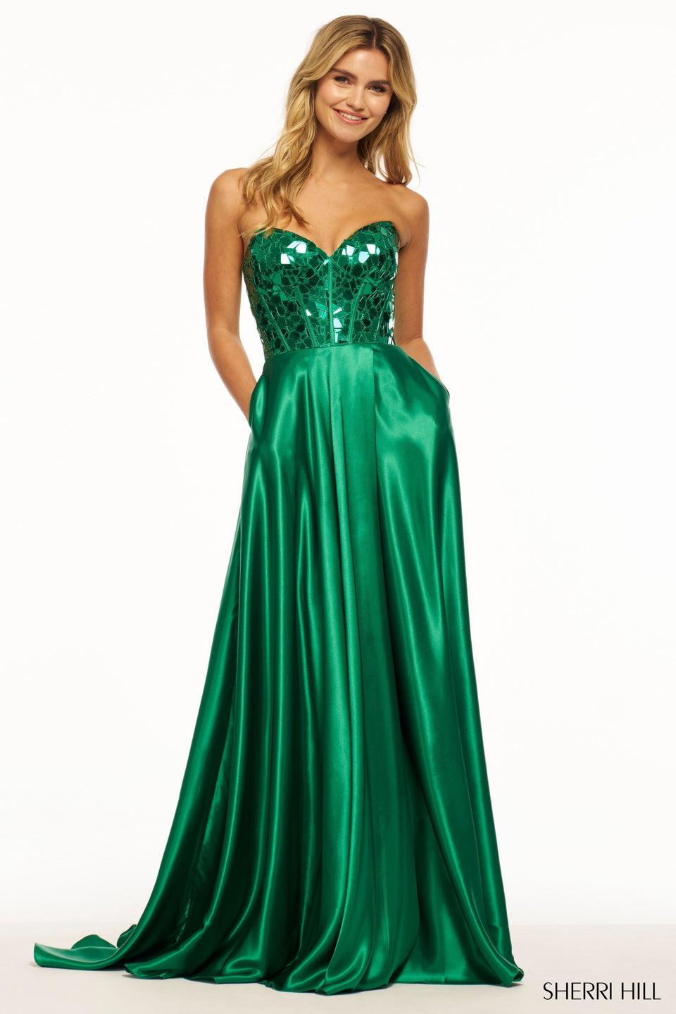 sherri hill Strapless charmeuse gown with cut glass corset bodice and skirt slit