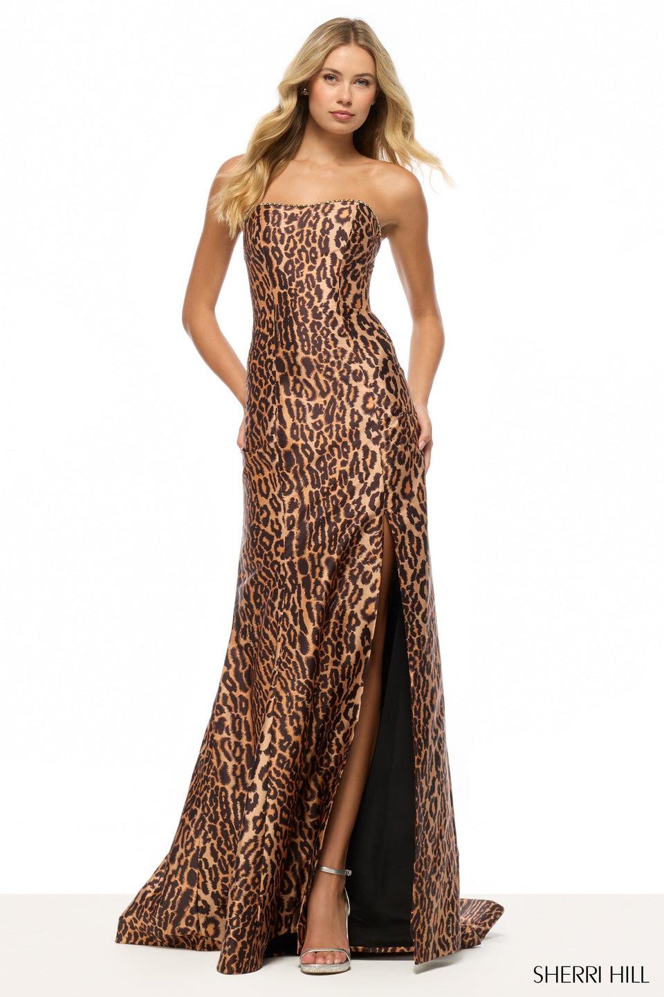 sherri hill Strapless cheetah print dress with skirt slit