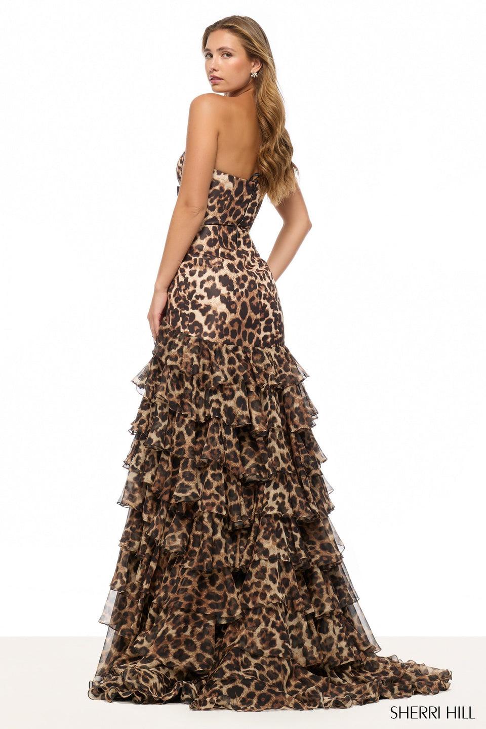 Sherri Hill Strapless Cheetah Print Taffeta Mermaid Gown With Chiffon Ruffle Skirt Slit