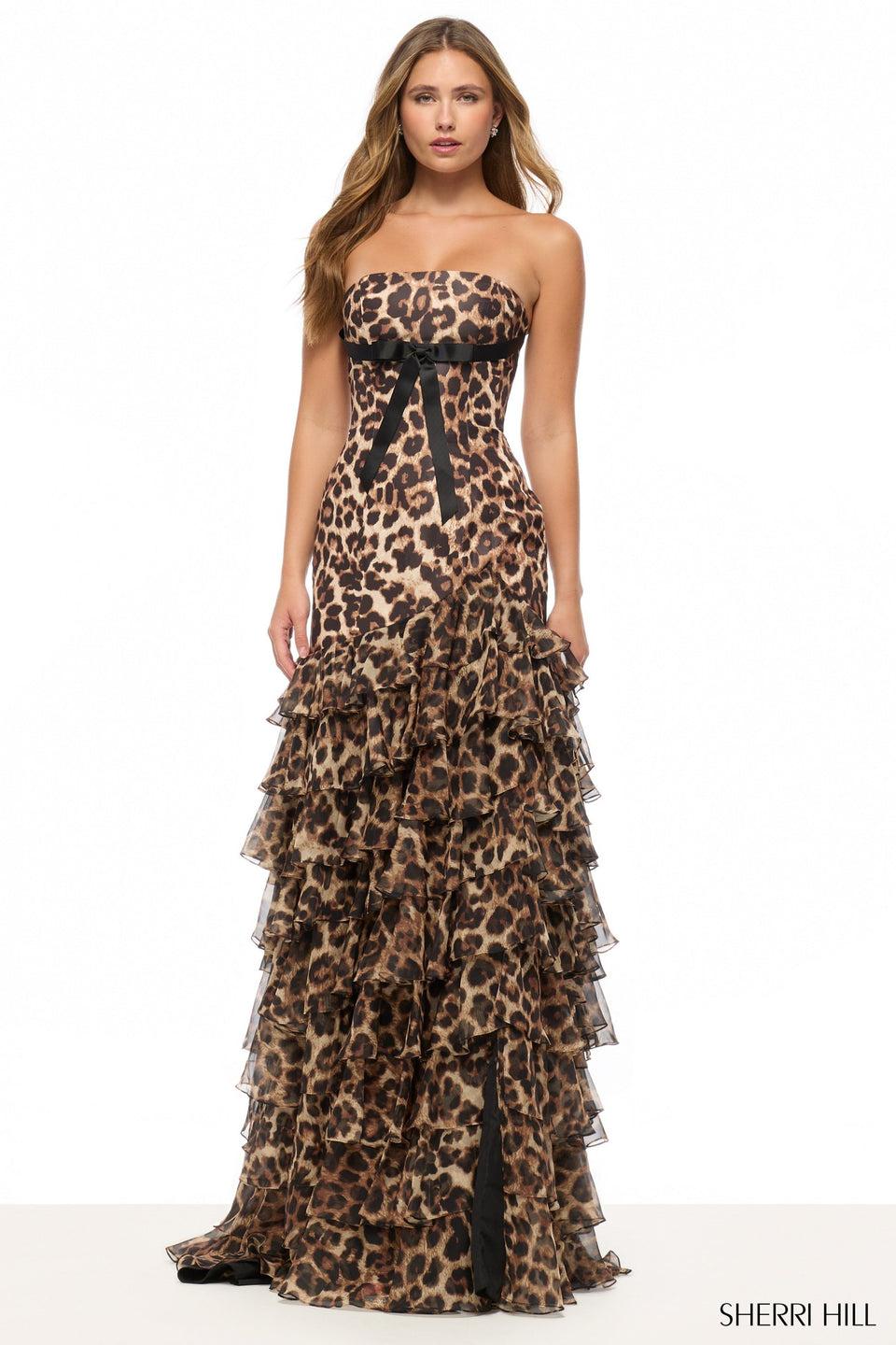 sherri hill Strapless cheetah print taffeta mermaid gown with chiffon ruffle skirt slit