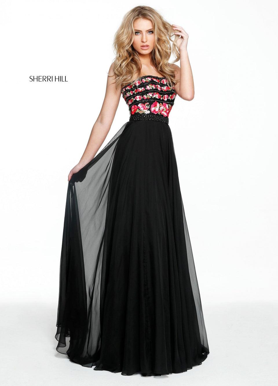 Sherri Hill Strapless Chiffon A-line Gown With A Floral And Beaded Embroidered Bodice