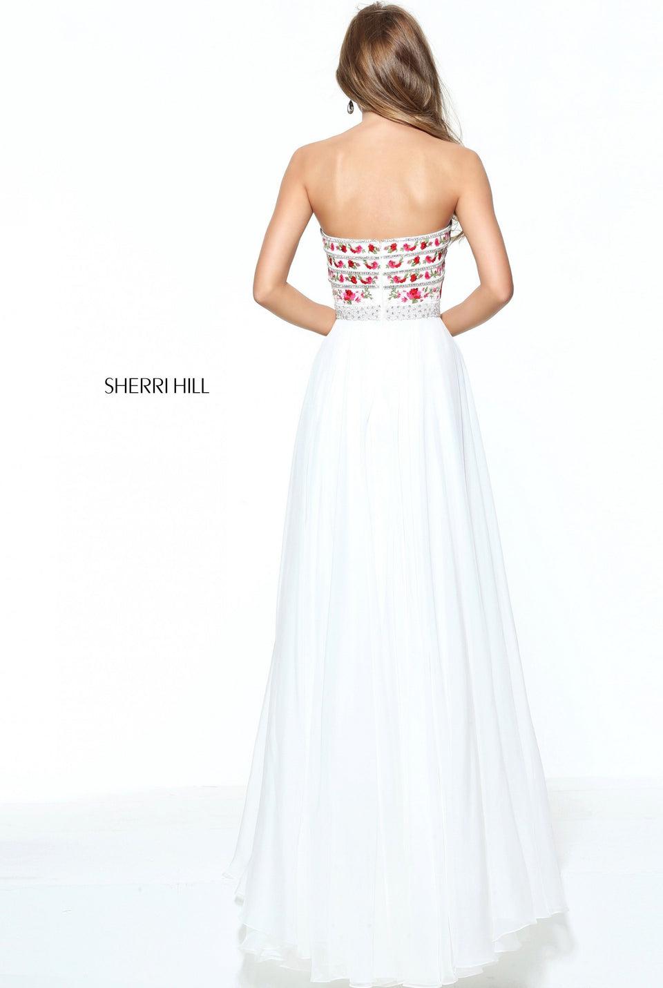Sherri Hill Strapless Chiffon A-line Gown With A Floral And Beaded Embroidered Bodice