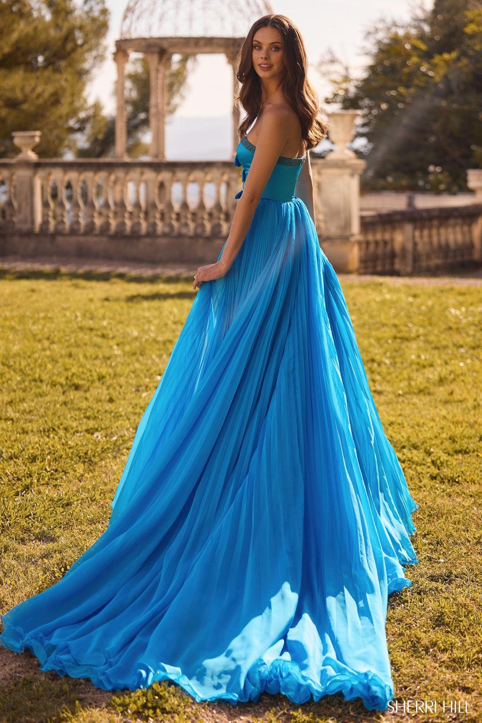 Sherri Hill Strapless Chiffon A-Line Pleated Gown With High Skirt Slit