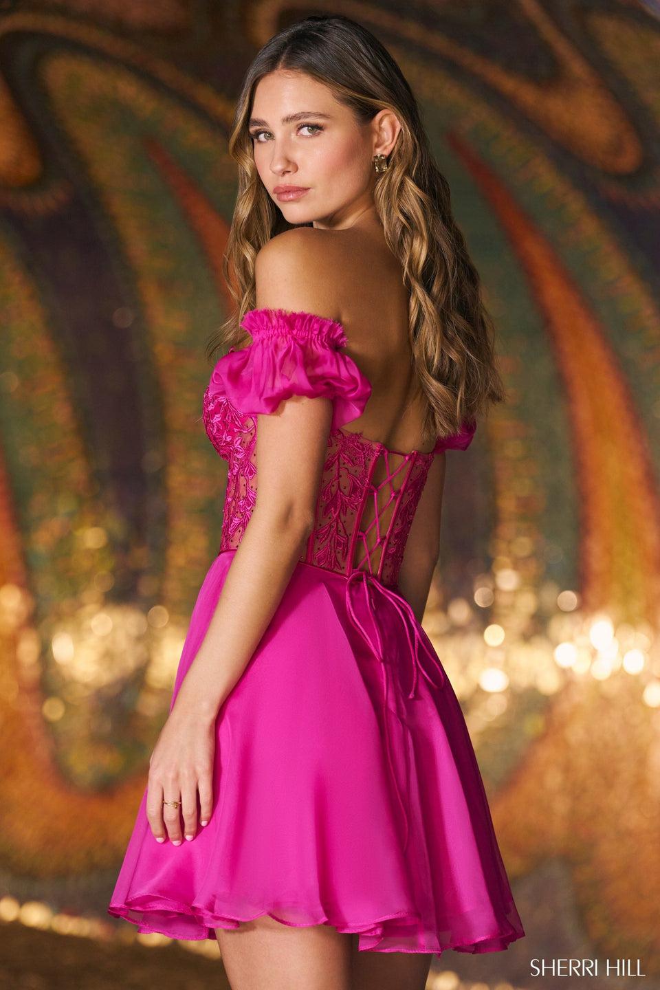 Sherri Hill Strapless Chiffon Dress With Lace Corset Top Detachable Balloon Sleeves And Lace Up Back