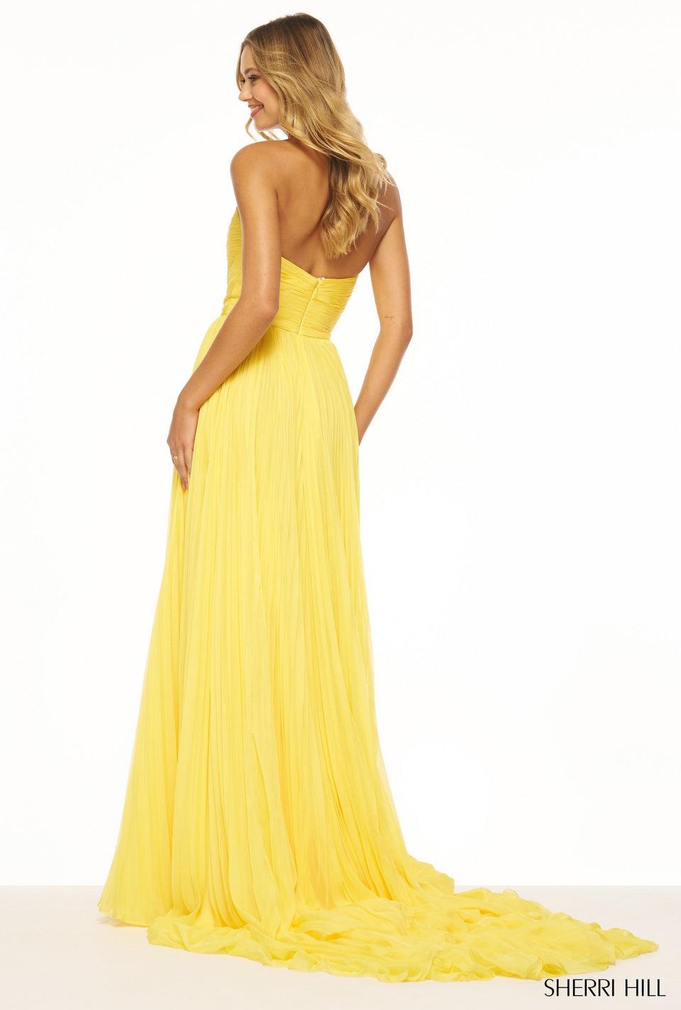 Sherri Hill Strapless Chiffon Gown With Corset Bodice Keyhole And Pleaded Skirt With Slit