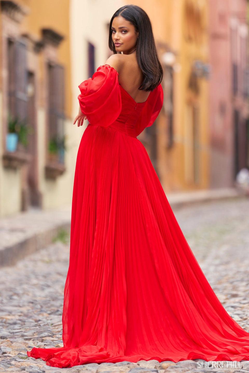 Sherri Hill Strapless Chiffon Gown With Key Holes Detachable Ballon Sleeves Pleated Skirt And A High Slit